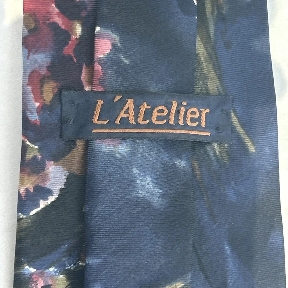 Vintage Navy Blue Italian Silk Tie L'Atelier Floral Abstract Made In USA